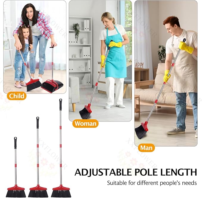 XXFLOWER Broom and Dustpan Set with Long Handle, Light Weight Stainless Steel Poles Stand Upright Dustpans with Broom Combo for Home Kitchen Office Pet Dog Hair, Black & Red Color, 1-Pack