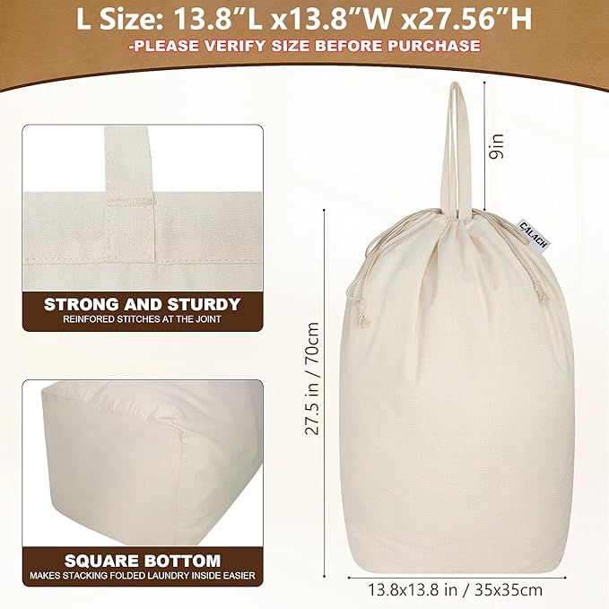 Canvas Laundry Bags with Handles & Square Base 13.8"x 13.8", Large Heavy Duty Laundry Basket Hamper Liner, College Dorm Washable Drawstring Cotton Dirty Clothes Bag (Beige,1 Pack)