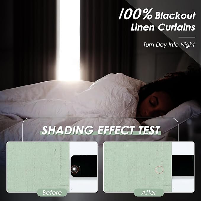 Nanspring Aqua Green Linen Blackout Curtains 96 Inches Long Back Tab Rod Pocket Heat Reducing Noise Cancelling Total Sun Blocking 2 Panels Set for Sliding Door Boho Farmhouse Curtains Drapes 52x96