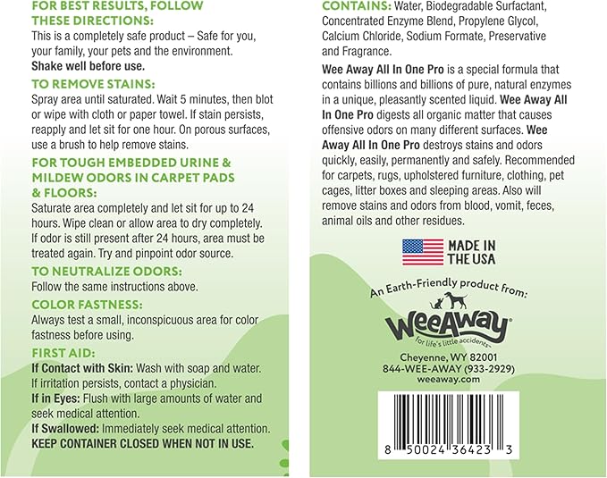 Wee Away Pet Stain and Odor Remover Spray, Biodegradable Enzyme Cleaner for Dog and Cat Urine, Poop, Diarrhea, & Vomit, For Carpets, Upholstery, Cages, Litter Boxes (32 oz) (Green Tea)