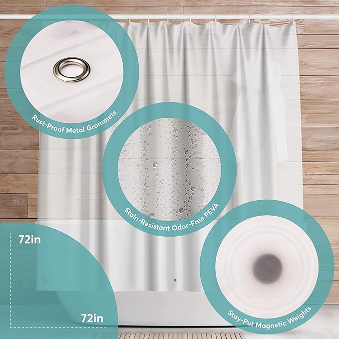 BigFoot Shower Curtain Liner – 72 x 72 Fabric Premium Shower Curtain with Rustproof Metal Grommet and 3 Magnetic Weights – Odor Free and Compatible with Standard Showers, White