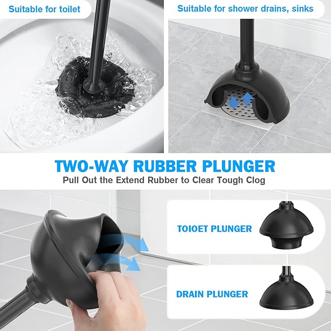 Toilet Plunger and Brush Set, Bowl Brush and Heavy Duty Toilet Plunger with Ventilated Holder, 2-in-1 Toilet Brush and Plunger Combo for 5.3-inch Toilet Drain Bathroom Deeply Cleaning