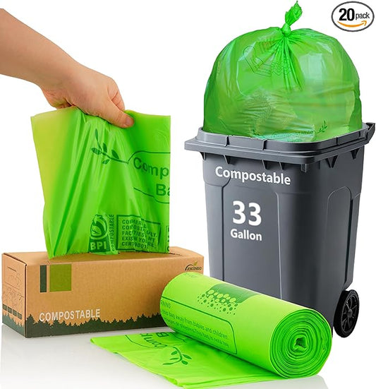 JENCENBIO Compost Bags 33 Gallon 125 Liter Extra Thick 1.2 Mils Compostable Food Scrap Waste Bags with US BPI ASTM D6400 and Europe OK Compost Home Certified 20 Counts