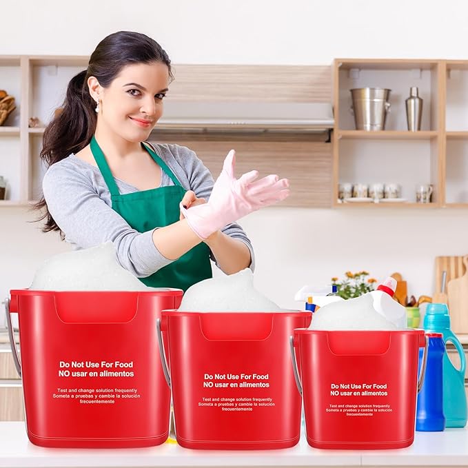 LemonRoad 3 Pcs Cleaning Bucket Small Sanitizing Square Bucket Multi-Size 3+6+8 Quart Detergent Pail for Home Commercial Restaurant Kitchen Office School Wash Rinse Sanitize Handwash(Red)