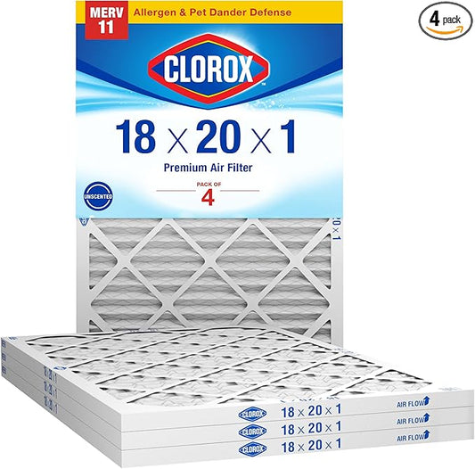 Clorox 18x20x1 Air Filter, MERV 11 Pleated HVAC AC Furnace Air Filters, MPR 1000 & FPR 7 – Pack of 4