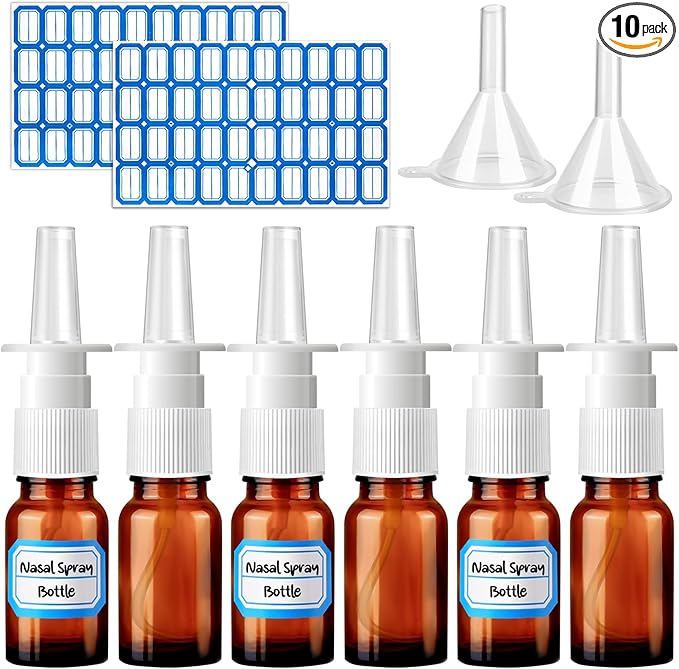 10 Pcs Nasal Spray Bottle, 10ML/0.35OZ 6 Pcs Refillable Fine Mist Glass Empty Nasal Spray Bottle with 2 Pcs Funnels and 2 Pcs Labels