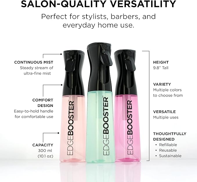 Style Factor Edge Booster Mist Spray Bottle for Hair (10.1oz/300ml) - Continuous Ultra Fine Mist Sprayer – For Hairstyling, Salons, Cleaning, Plants, Essential Oil & More - Pink