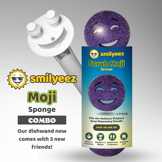 The Original Smiling Handle for Scrub Daddy (Reg. TM) Sponge and Scrub Moji Sponge - (Black Handle) & 3 Purple Scrub Moji's