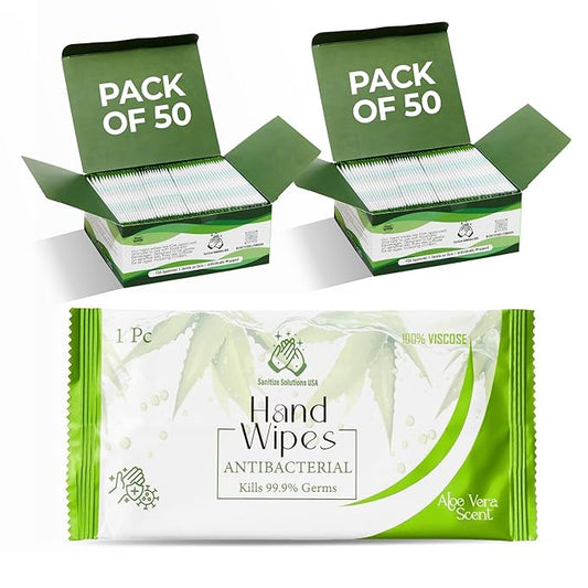 100 Individually Wrapped Hand Wipes – Aloe Vera Scent – 2 Convenient 50-Count Boxes | 100% Viscose, Eco-Friendly | Travel-Ready, Moisturizing