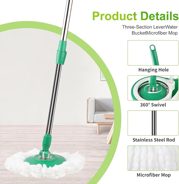 Spin Mop and Bucket with Wringer Set, 360°Spin Mop & Bucket Floor Cleaning System Mop Bucket with Adjustable Extended Handle 3 Microfiber Replacement Head Refills, Green