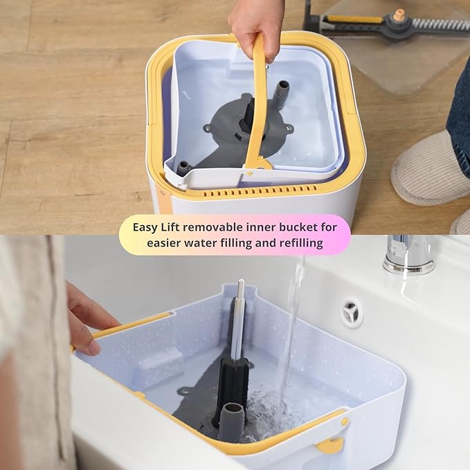 Mop and Bucket System PRO with Removable Water Tank Duo Bucket & Spin Mop System, Self Wringing, Separates Clean from Dirty Water, Folding Mop Head, Dual Brush System, 4-pc Machine Washable Mop Pads