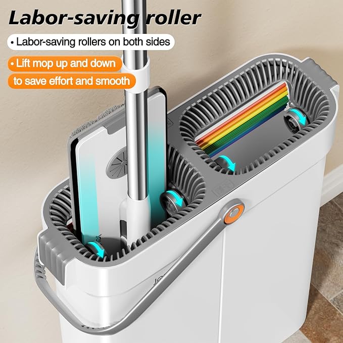 CTIME Flat Mop and Bucket Set with Wringer，Wet and Dry Use，Hands-Free Flat Mops for Floor Cleaning and Window Wall Cleaner with 4 Microfiber Pads.