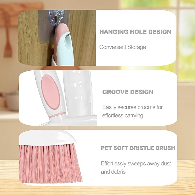 NBGYTECH Mini Broom and Dustpan Set Small Broom with Dustpan Combo Set Portable Cleaning Tools for Home Office RV Learning Camping (White+Pink)