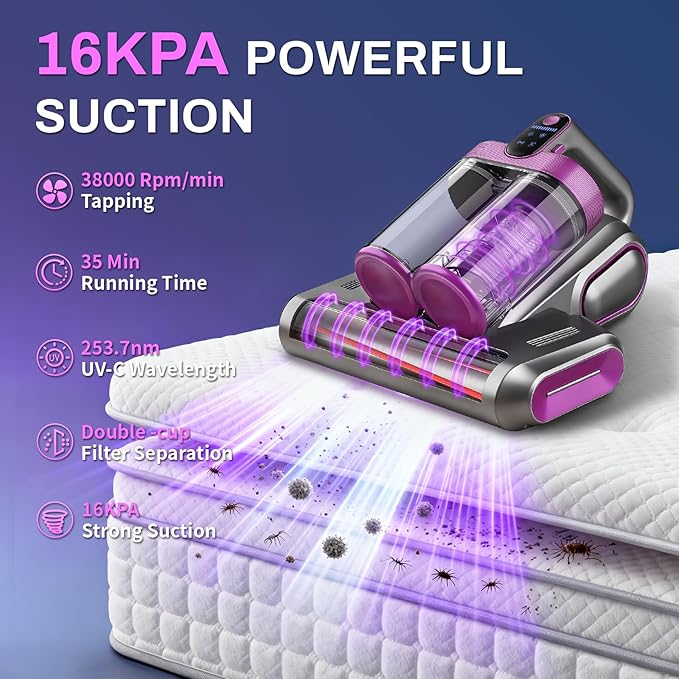 SRGARH Cordless Mattress Vacuum Cleaner, 16kpa Bed Vacuum Cleaner with 253.7nm Uv-C Light & Ultrasonic Tech Dual Bins for Dust & Widen Suction Port 120w for Bed Sofa & Pet Hair(Purple)