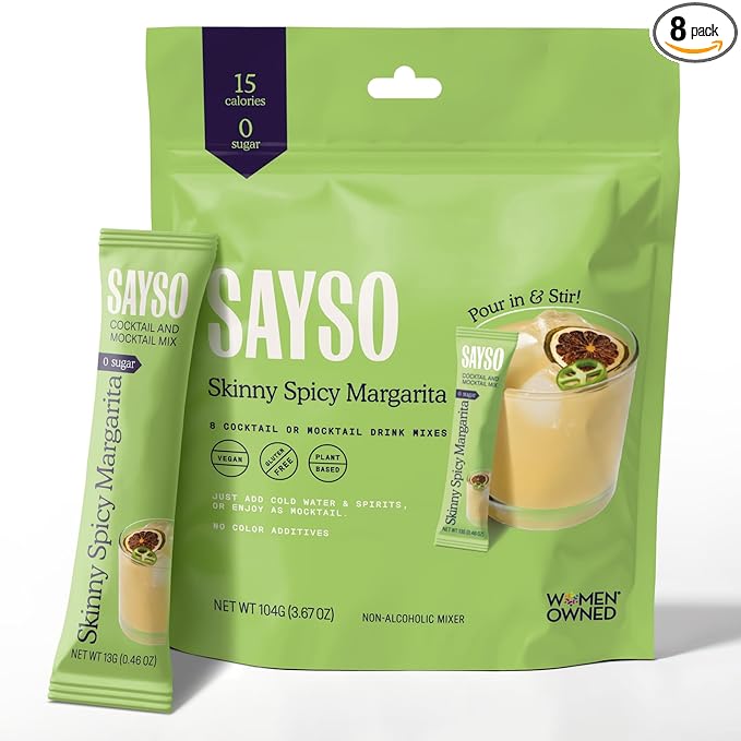 SAYSO Skinny Spicy Margarita Cocktail Sticks | Craft Cocktail or Mocktail in 1 Min, Just Add Water + Spirits (0g Sugar, 15 Calories, Vegan, Gluten-Free, Kosher, Non-GMO), 8 Single-Serve Mixers