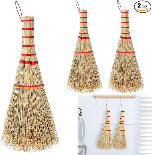 Suclain 2 Pcs Small Corn Whisk Brush Broom 100% Handmade 12 Inch Handheld Brush Whisks Natural Corn Short of Asian Whisk Broom with Nylon Thread Handle for Household Sweeping Indoor Outdoor(Style A)
