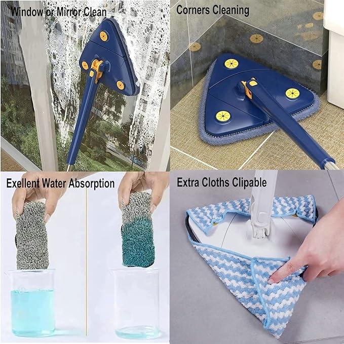 360° Rotatable Adjustable Cleaning Mop Extendable Triangle Mop with Long Handle Hand Twist Quick Dry Multifunctional Microfiber Wet and Dry Clean Floor Wall with 3 Replacement Pads