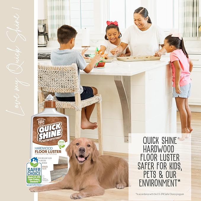 Quick Shine Hardwood Floor Luster-Polish 27oz-6pk | Plant-Derived w/Carnauba | Safer Choice, No PFAS, pH Neutral | Ready to Use Formula w/Anti-Slip Technology | Simply Squirt & Spread | Made in USA