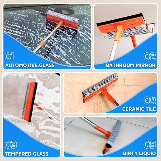 PuraKleen Window Squeegee, 62” Super Long Stainless Steel Pole, Mirror Cleaner Tool, Extendable Squeegee for Window Cleaning Fit High Up Area,Shower Door and Tiles