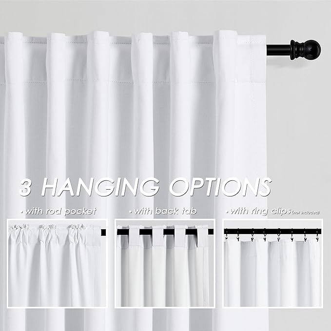 Full Blackout Linen White Curtains, 92 Inches Long for Living Room Patio Sliding Door Back Tab 100% Black Out Bedroom Curtains Pure White Elegant Modern Cosatal Window Curtain Panels Set of 2