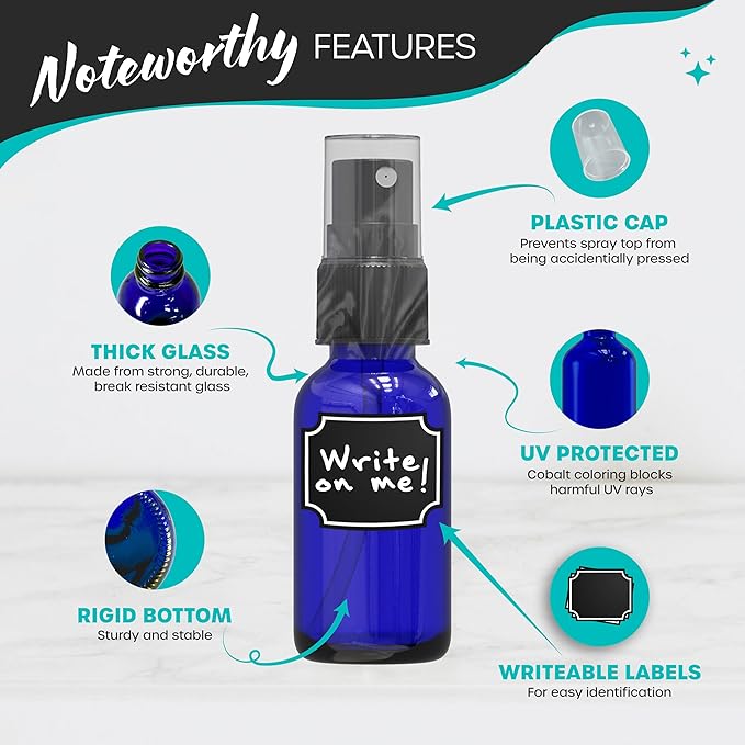 Nevlers 1 Oz Cobalt Blue Glass Spray Bottles Mist Sprayer 24 Pack | Small Spray Bottle Set w/Shrink Wrap, Funnel, Brush, Marker, & Labels | Misting Bottle Sprayer for Home | Travel Spritzer Bottles