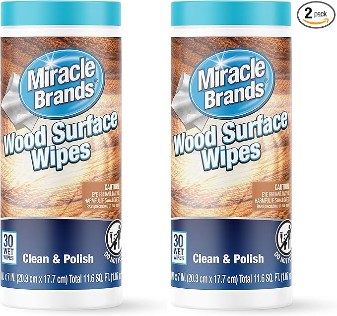 MiracleWipes for Wood Surfaces, Remove Dirt and Grime Buildup, Clean, Protect, and Polish Cabinets, Furniture, and Wood Floors, Great for Kitchen and Bathroom Cleaning Support - 30 Count (Pack of 2)