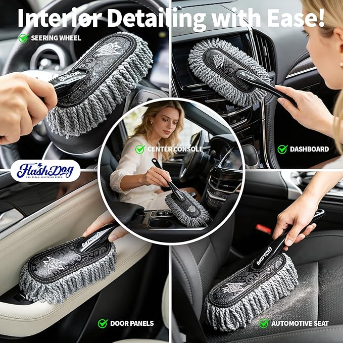 Flash Dog Wood Handle Car Duster Exterior + Mini Interior Brush Waterless Exterior Scratch-Free Cleaning for Cars/SUV/Truck/RV & Dash Detailing | Waxed Cotton & Microfiber