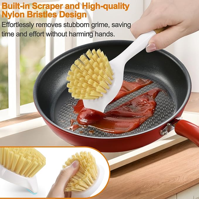 SOGCASE Dish Brush with Handle,Kitchen Scrub Brushes for Cleaning, Dish Scrubber with Stiff Bristles for Sink, Pots, Pans, 1 Pack