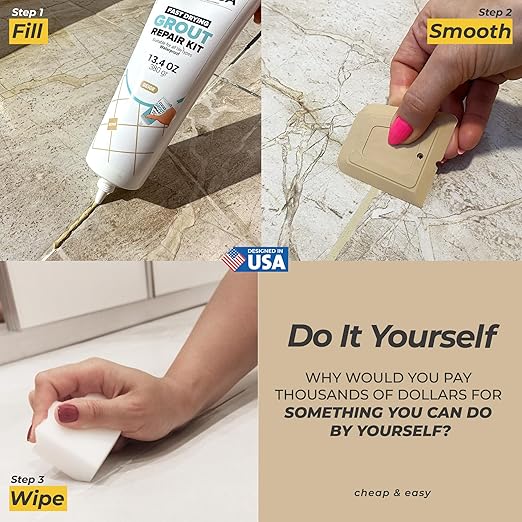 PentaUSA Tile Grout - Large Grout Filler Repairs Renews Tube, Fast Drying Grout Repair Kit, Odorless Formula - Grout Floater Included - 13.4oz / 380gr (Beige)