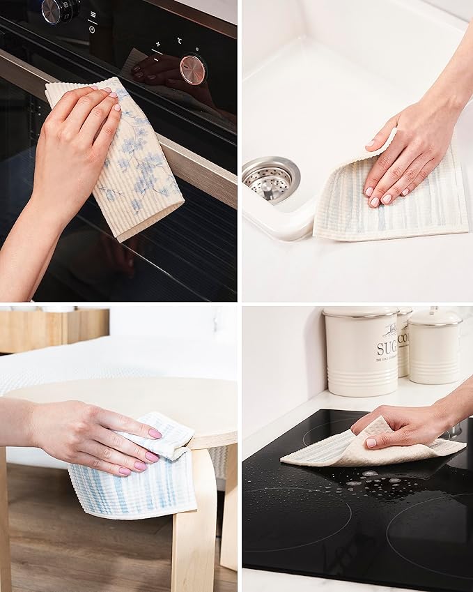 Swedish Dish Cloths for Kitchen - Reusable Cellulose & Cotton Cleaning Kitchen Cloth Towels - Absorbent Dishcloth for Washing, Cleaning, Dishes, Counter & More - Assorted 6 Pack of Washable Dishcloths