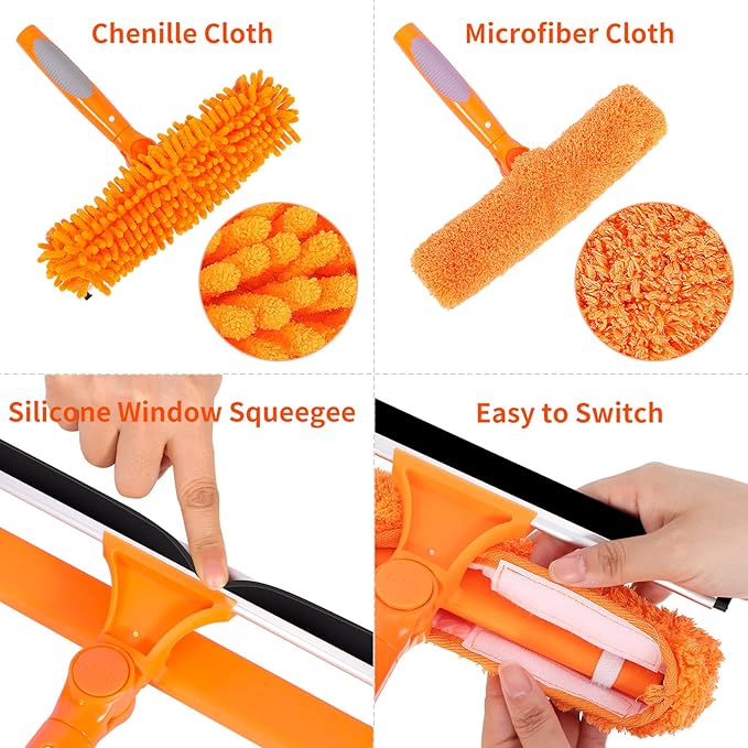PHABULS Window Washing Kit with Extension Pole, 73’’ Window Cleaning Squeegee Kit, 3 in 1 Window Cleaning Kit with 2 Microfiber Pads & 2 Chenille Pads for Indoor Outdoor Windows