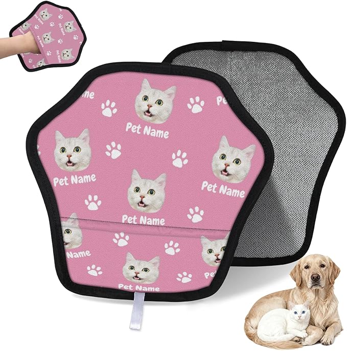 Personalized Pet Hair Remover Glove for Dogs & Cats - Custom Photo & Name Magic Brush for Dog Cat Hair Removal, Reusable Electrostatic Pet Hair Gloves for Furniture Carpet Couch, Face Paw Pink