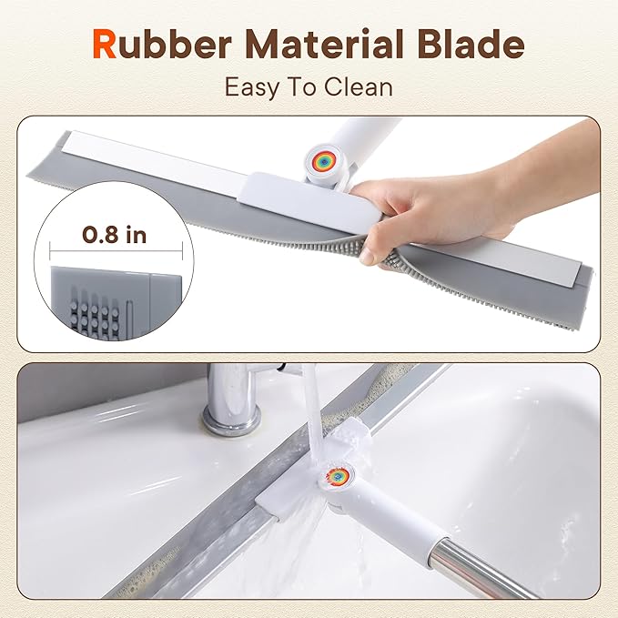 Floor Squeegee for Concrete Floors, 180° Rotating Silicone Broom, Squeegee for Floor with a 62" Handle, Includes 2 Cleaning Cloths, Water and Pet Hair Remover for Bathroom Floors, Tile, Deck and Glass