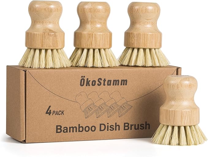 ÖkoStamm 4 Pack Bamboo Dish Brush, Dish Scrubber Brush with Sisal Bristle, Natural Scrub Brush for Kitchen Cleaning Dishes, Pots, Pans, Bottles, Vegetables