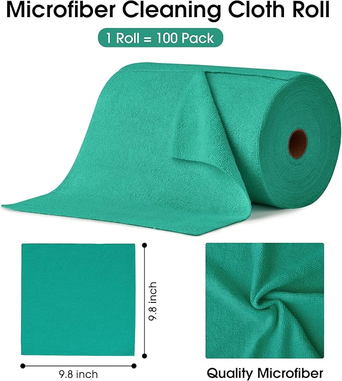 KitchLife Microfiber Cleaning Cloth Roll, 100 Pack - Tear-Away Microfiber Paper Towels, Lint-Free, Reusable, Washable for Kitchen, Car, Dishes, and Sensitive Surfaces (Emerald Green)