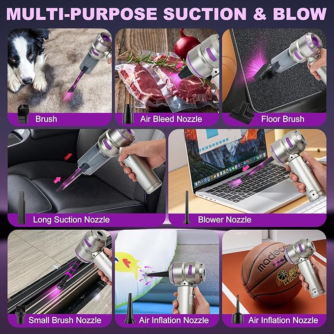 TianJQiS Handheld Car Vacuum Portable Cordless - 18000PA High Power with Brushless Motor, 4-in-1 Air Duster, Blower, Pump & Rechargeable Mini Vacuum for Car, Home, Office (Silver Grey+Purple)