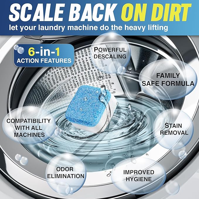 24 Washer Cleaner Tablets – Deep Cleans & Deodorizes All Washers, Removes Grime & Odor, Powerful Descaling Formula, Eco-Friendly, 1-Year Supply, Septic Safe