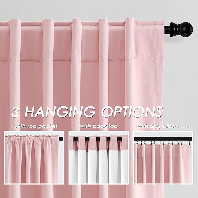Nanspring Pink Linen Blackout Curtains 84 Inches for Bedroom Modern Farmhouse Living Room Draperies Cream Colored Thermal Insulated Full Shading Curtains for Sliding Door 52x84