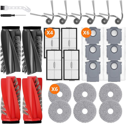 28 Pack Saros 10R Accessories for Roborock Saros 10R/Qrevo CurvX/G20s Ultra Vacuum, Replacement Part with 2 Red Roller,2 Black Roller,4 Hepa,6 Mop,6 Dust Bag,6 Side Brush,1 Screwdriver,1 Clean Brush