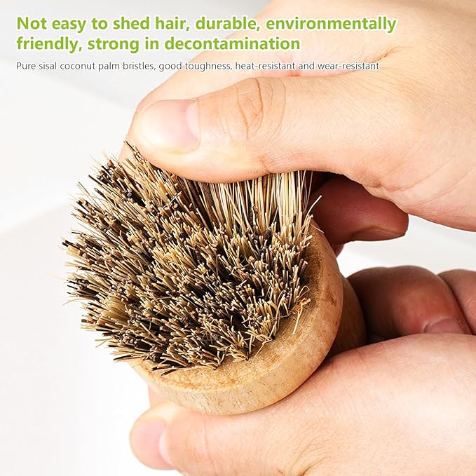 2er Pack Palm Pot Brush- Bamboo Round Mini Dish Brush Natural Scrub Brush Durable Scrubber Cleaning Kit with Union Fiber and Tampico Fiber for Cleaning Pots, Pans and Vegetables (A, M)