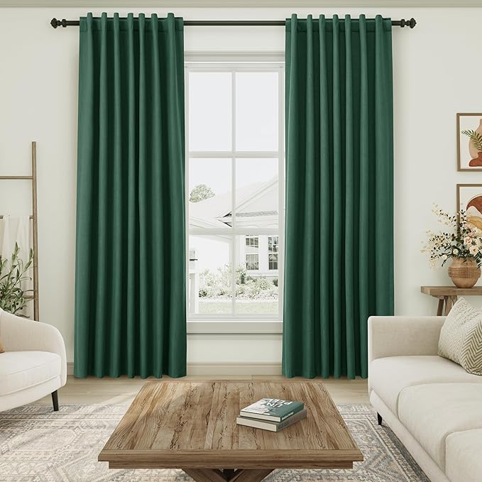 Green Linen 100% Black Out Curtains 108 Inches Long 2 Panels Set for Bedroom Boho Farmhouse Back Tab Thermal Insulated Energy Efficient Room Darkening Curtains Living Room High Ceiling Length 9 FT