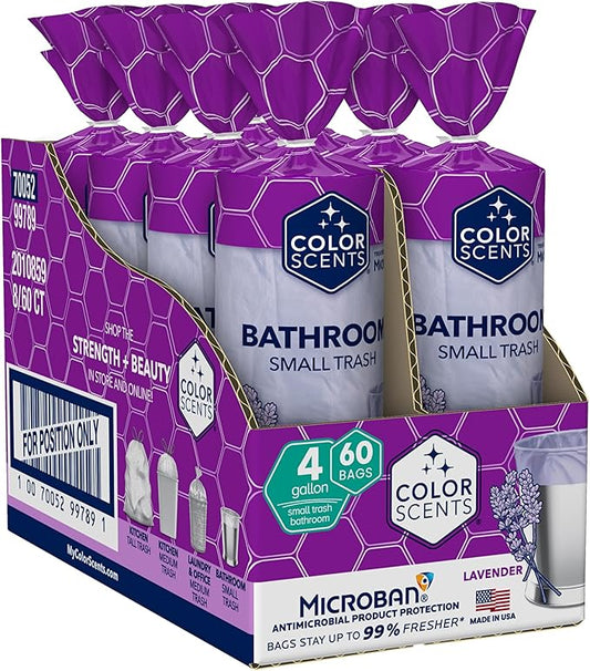 Color Scents Small Trash Bags - 4 Gallon, 480 Total Bags (8 Packs of 60 Count), Twist Tie - Lavender bag in Lavender Scent with Microban