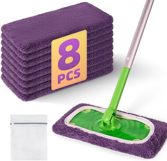 8 Pack Reusable Mop Pads Compatible with Swiffer Sweeper Mop, Dry and Wet Pads Refill, Microfiber Pads, Washable Sweeping Cloths for Surface/Hardwood Floor Cleaning (Purple)