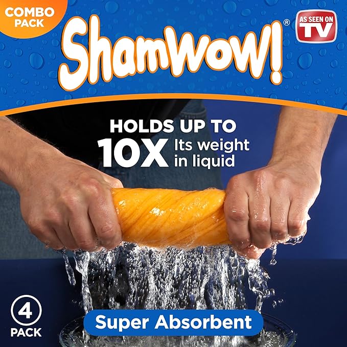 ShamWow Original Super Absorbent Multi-Purpose Cleaning Shammy Chamois Towel Cloth - Holds 10X its Weight in Liquid - Machine Washable - Will Not Scratch (4 Pack: 2 Large Orange & 2 Small Blue).