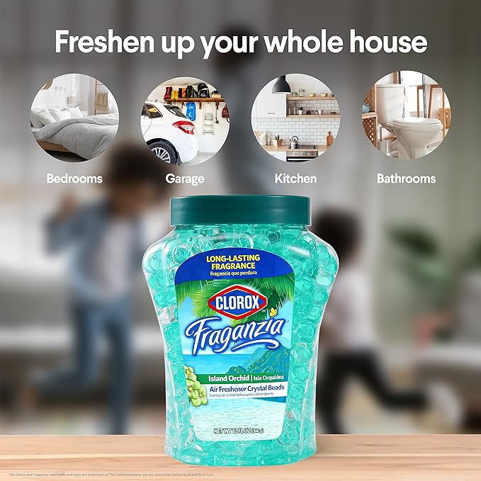 Clorox Fraganzia Crystal Beads Air Freshener Value Pack in Island Orchid Scent - Long-Lasting Odor Eliminator Gel Beads to Freshen Home, Car, or Office, 12 Fl Oz Twin Pack (24 Oz Total)
