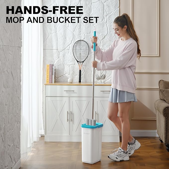 BEJOMOP Mop and Bucket Set with Wringer, Dry & Wet Wall Mop Cleaner with Long Handle, Flat Squeeze Spin Dust Mop for Household Floor Cleaning with 4 Microfiber Mops, Turquoise-Cyan