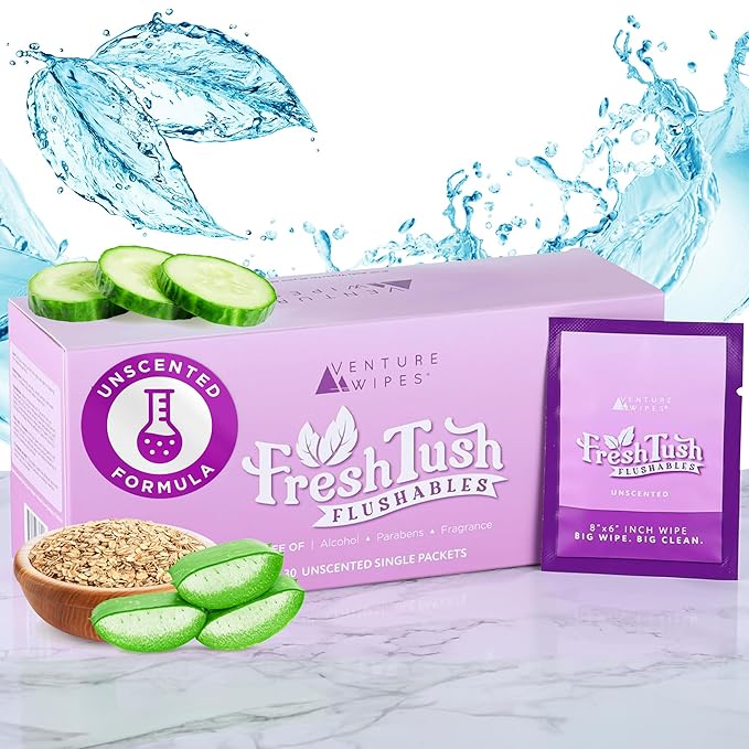 Venture Wipes FreshTush Flushables Unscented - Premium Quality Personal Cleansing Wipes - Gentle on Sensitive Skin - Hygienic & Portable - Ideal for On-The-Go and Daily Use - 30 Count