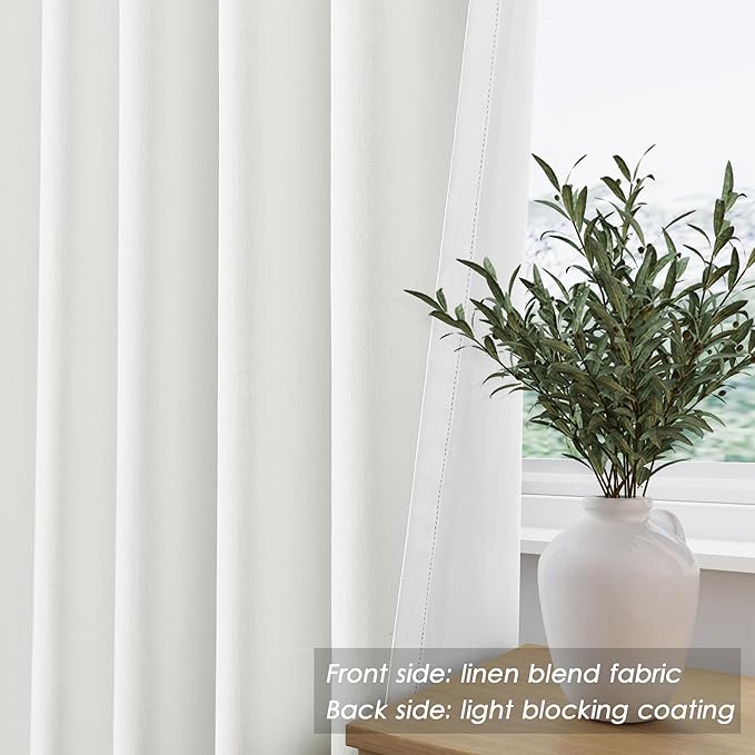 100% Blackout Linen Curtains 84 Inch Length 2 Panels Ivory Light Blocking Darkening Living Room Curtains 84 Inches Long Elegant Modern Back Tab Pocket Noise Reducing Drapes for Nursery 52X84