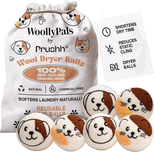 WoollyPals Wool Dryer Balls (6-Pack, XL Size)- 100% New Zealand Organic Wool - Sustainable & Eco-Friendly - Dry 1,000 Loads, Replaces Dryer Sheets, Reduces Static Cling, Reusable (Multi Colour)