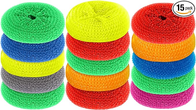 Blulu Plastic Dish Scrubbers for Dishes Pot Round Nylon Pad, Mesh Scouring Non Scratch Pads(Rainbow Colors,15 Pieces)